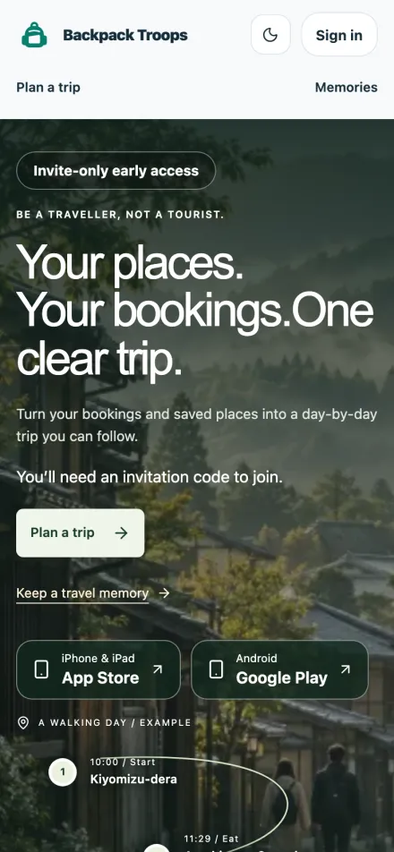 Backpack Troops on a phone: Your places. Your bookings. One clear trip.
