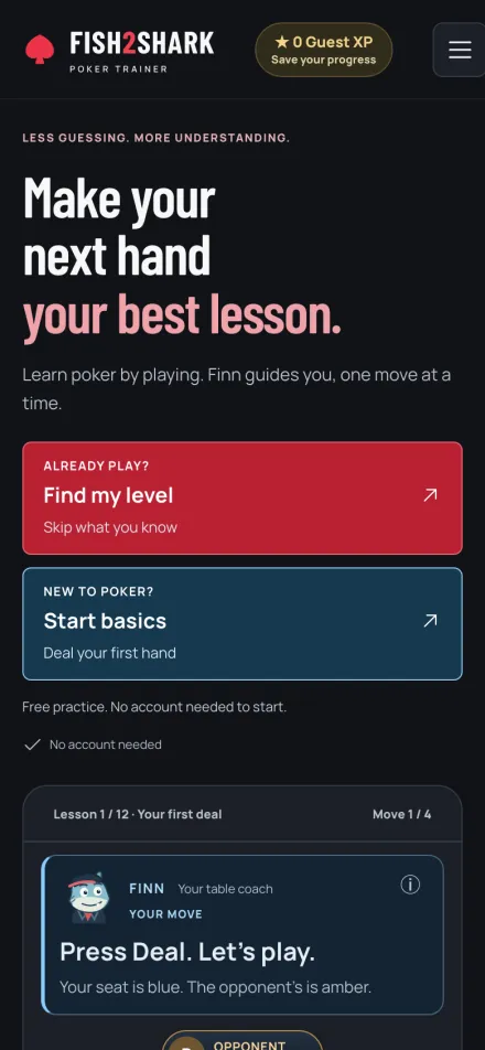 Fish2Shark on a phone: Make your next hand your best lesson, with Find my level, Start basics and Finn the coach