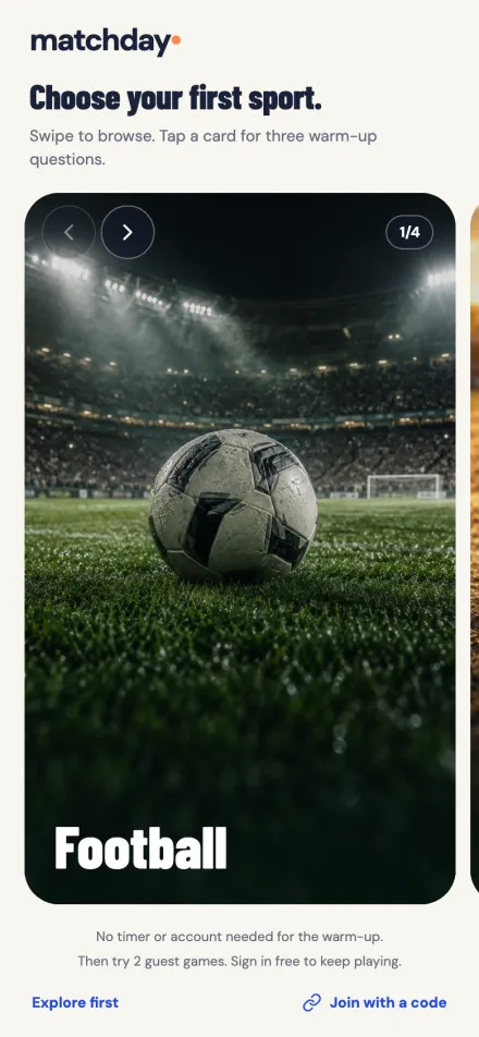 Matchday on a phone: Choose your first sport, with a football card